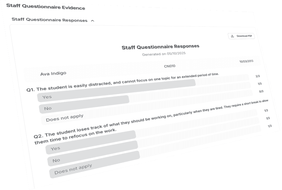 Teacher evidence documentation showing normal way of working for SEND students and access arrangements